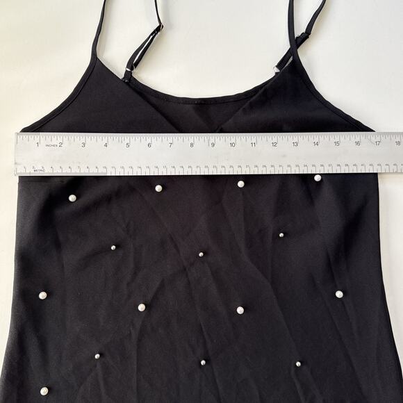 Black Camisole Tank Top Pearl Embellished Sheer Cami Minimalist Y2K Coquette M - Picture 10 of 11